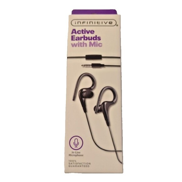 Infinitive Active Earbuds with Mic In Line Microphone Black 3.5mm Headphone Jack - Picture 1 of 7